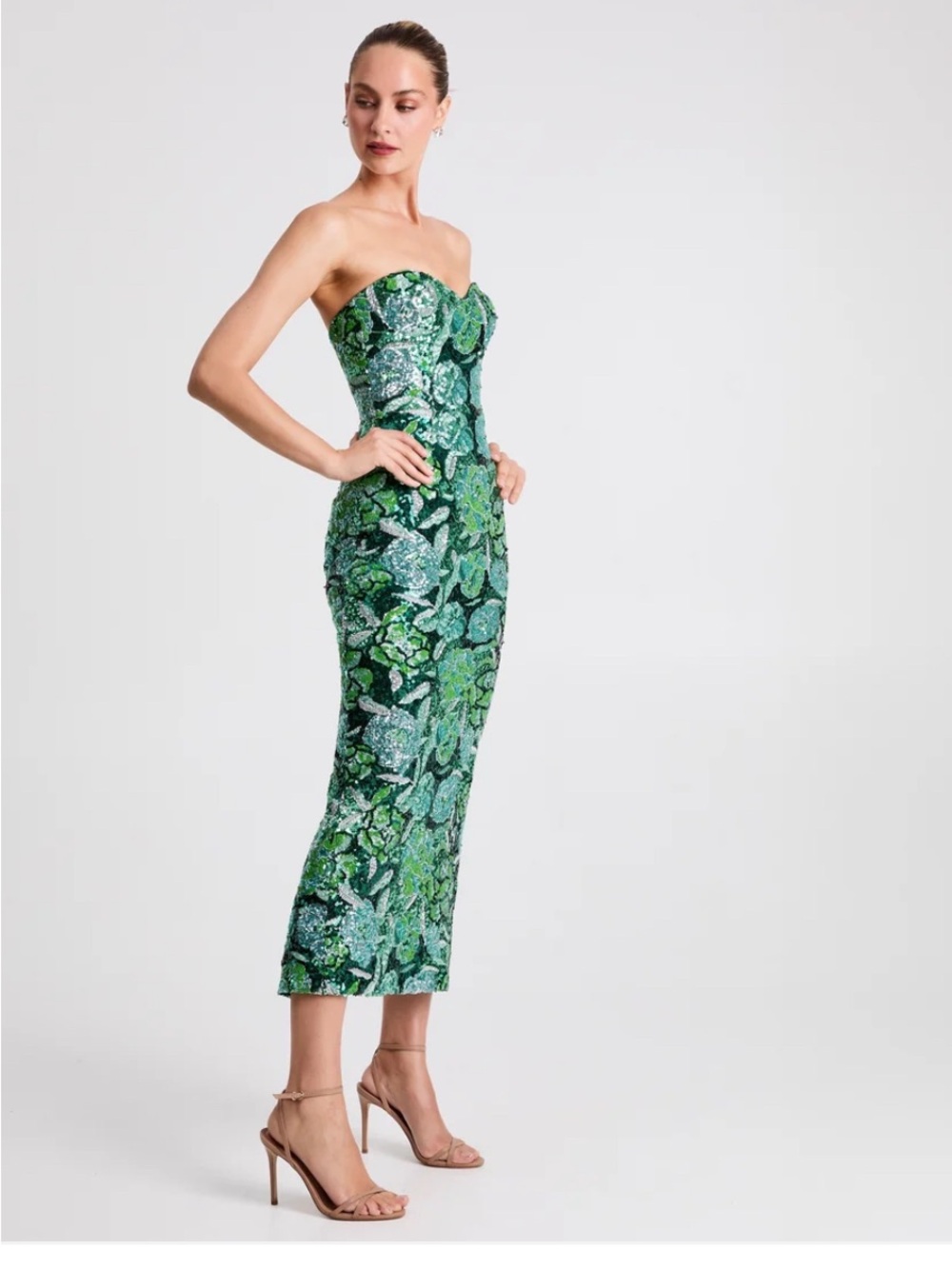 Helsi Monique Strapless Green Sequin Midi Dress